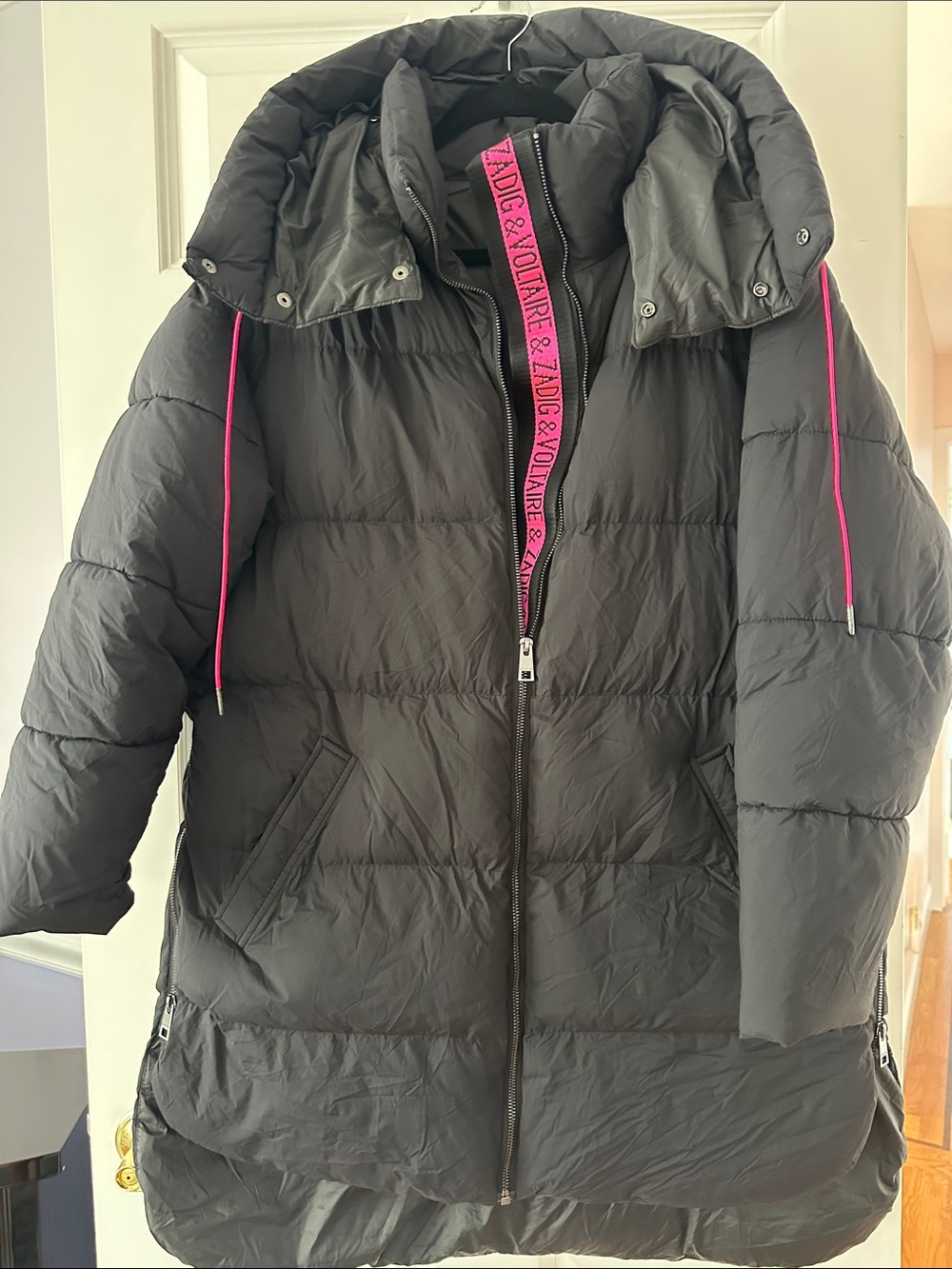 Zadig & Voltaire Black Puffer Coat with Pink Accents